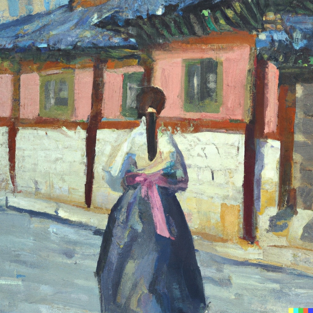 An oil painting style image of a woman in hanbok standing in front of a hanok wall